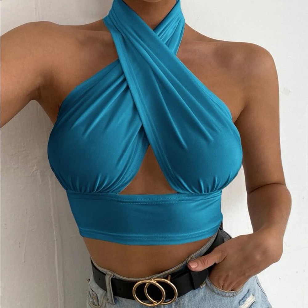 Cross crop halter top